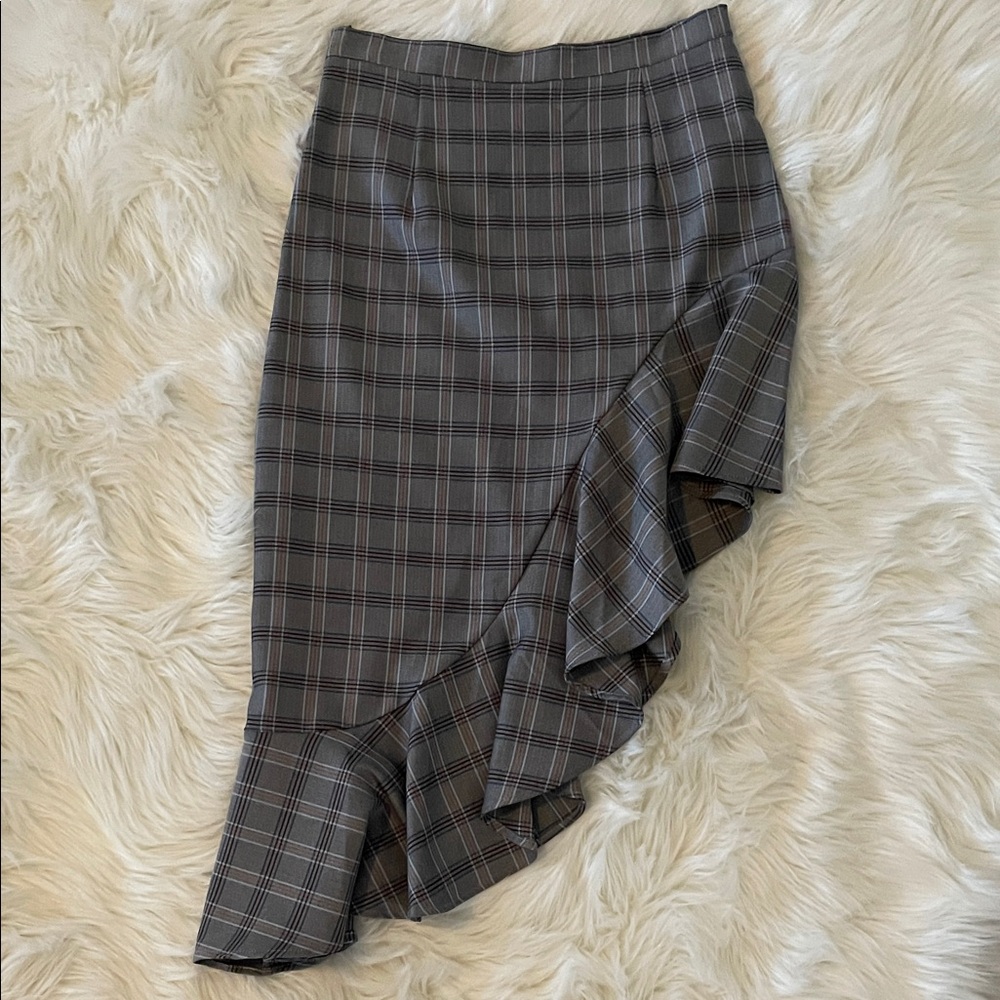 Plaid Ruffle Midi Skirt - Gray